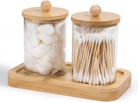VanlonPro 2 Pack Qtip Holder Bathroom Vanity Countertop Canister Jars with Lid Tray Apothecary Jars Qtip Holder Makeup Organizer for Cotton Balls,Swabs,Pads,Floss,Bath Salts - B1AD8OUDT