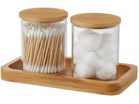 YININE Glass Qtip Holder Bathroom Jars with Vanity Tray Apothecary Jars Bathroom Canisters Containers Q Tip Jars for Cotton Ball Pad Round Cotton Swabs Hair Ties Floss Perfume and Small things - BQJ2IFYYO