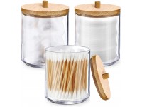 YUN-HL Qtip Holder Dispenser 3 Pack Plastic Cotton Swab Canister for Cotton Ball Swab Round Pads Floss Clear Apothecary Jar with Bamboo Lid for Bathroom Tabletop Storage Vanity Makeup Organizer - BRR2RR4SR