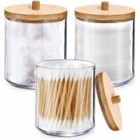 YUN-HL Qtip Holder Dispenser 3 Pack Plastic Cotton Swab Canister for Cotton Ball Swab Round Pads Floss Clear Apothecary Jar with Bamboo Lid for Bathroom Tabletop Storage Vanity Makeup Organizer - BRR2RR4SR