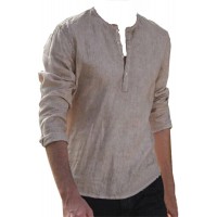 Men's Cotton Linen Button Down Dress Shirt Crewneck Long Sleeve Casual Beach Tops Solid Beach Yoga Tee Khaki,Medium - B55C76C4Q