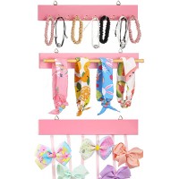 3 In 1 Hair Accessories Organizer Bows Holder with Adhesive Jewelry Organizer Wood Necklace Hanging Wall Mounted Hanging Headband Clips Storage Wood Earring Organizer Girl Women 14 x 2 Inches Pink - B2P8SM9II