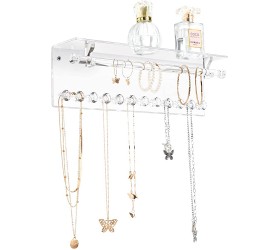 Acrylic Necklace Holder with Shelf 12 Diamond Shape Hooks and Removable Bracelet Rod Wall Mounted Jewelry Organizer Hanging Necklace Organizer Wall Jewelry Rack - B2ACQTXOG