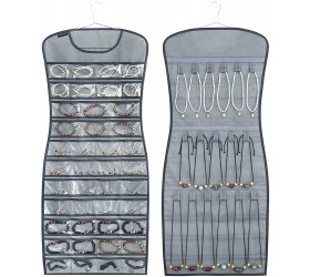 ANZORG Dual sided Jewelry Hanging Organizer Closet Necklace Holder for Earrings Bracelets Rings with 42 Clear Pockets and 17 Hook Loops Grey） - BXYUH1T6O
