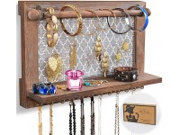 ASHLEYRIVER Wall Mounted Rustic Wood Jewelry Organizer Holder with Hooks Shelf for Hanging Earrings Necklaces Bracelets Other Accessories-Rustic - BDIGNHWLR