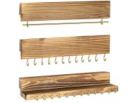 Cedilis Set of 3 Wall Mounted Jewelry Organizer Large Wood Necklace Holder with Removable Bracelet Rod and 24 Jewelry Hooks Great Wall Hanging Holder for Rings Earrings Brown（No Need to Assemble） - B0TOLORCP
