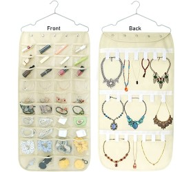 Fangze Hanging Jewelry Organizer with Zippered Pockets Double Sided Hanging Jewelry Storage Bags 56 Pockets Beige 40 pockets + 20 hooks - BCPJ5ETON