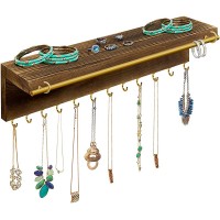 Fashion&cool Hanging Jewelry Organizer Wood Wall Mounted Jewelry Holder with Shelf and Removable Metal Bracelet Rod 12 Necklace Hooks Perfect Display Perfume Earrings Necklace and Bracelets - B3ZUAP96Z