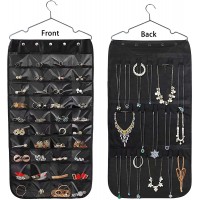 Hanging Jewelry Organizer Double Sided 40 Pockets and 20 Magic Tape Hook Jewelry Organizer Necklace Holder Jewelry Chain Organizer for Earrings Necklace Bracelet Ring with Hanger Black - BKFJI98D1