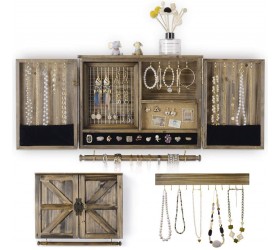 Ikkle Rustic Jewelry Cabinet Organizer Wall Mounted Jewelry holder with Wooden Barn Door with Removable Bracelet Rod for Necklaces Earrings Bracelets Ring Wood Jewelry Box - BCP79G546