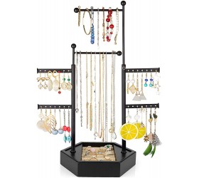 Miratino Jewelry Organizer Stand Jewelry Holder Double Rods 6 Tiers with Solid Wood Storage Hexagon Base for Necklaces Earrings Bracelets Rings Display Vintage Black - B2GFM9TJU