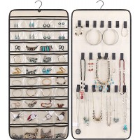 MISSLO Dual-sided Hanging Jewelry Organizer with 40 Pockets and 20 Hook & Loops Closet Necklace Holder for Earring Bracelet Ring Chain with Rotating Hanger Beige - BQ1EG5WRV