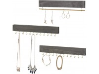 MyGift 3-Piece Wall Mounted Wood Jewelry Organizer Rack Set Rustic Gray Wooden Hanging Bracelet and Necklace Holder with Hanger Rod and 24 Hooks - BO0E8U0Q2