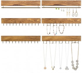 MyGift 6-Piece Burnt Wood Hanging Jewelry Organizer Wall Mounted Bracelet and Necklace Holder Rack Set with Hooks and Hanger Bar - B4X9AXQ9C