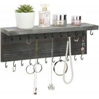 MyGift Hanging Jewelry Organizer Wall-Mounted Rustic Gray Wood Necklace Bracelets Display Rack with 26 Hooks and Top Shelf - BX982W3PN