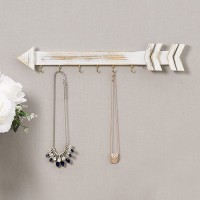 MyGift Whitewashed Wood Wall Jewelry Organizer Arrow Design Necklace Hanging Rack with 6 Hooks - B9U6CGVIE
