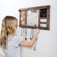 Wall Mounted Jewelry Organizer Holder Wooden Jewelry Holder Storage with Bracelet Rod，Organizing Accessories Holder with Rustic Vintage Design，30 Hooks，Perfect Hanging Display Rack for Necklaces Earrings Rings Detachable Rods Large - BZD0K57DZ