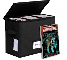 WOMACO Comic Book Storage Box with 2 Dividers Heavy Duty Collapsible Comic Short Case with Zipper Lids Holds 150 Comics Comic Book Bin Container 1 Pack Black - B3Q312BMY