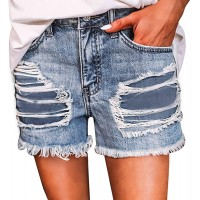BFONE Women Casual Ripped Denim Shorts Summer Casual Sexy High Waist Slim Hole Shorts Jeans Pants with Pockets - B5ST9XIGB