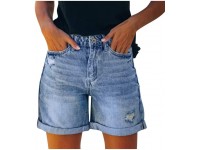 Women Folded Hem Rolled Jeans Shorts with Pocket Mid Waisted Hole Bottom Sexy Summer Casual Denim Shorts Pants - BB7VAL3DV
