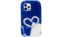 Herzzer Chic Winter Warm Plush Furry Cover for iPhone XR,Cute Color Block Rabbit Fluffy Hairy Diamond Pearl Love Heart Soft Silicone Rubber TPU Back Case,White Blue - BZ9WO1CY2
