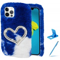 Herzzer Chic Winter Warm Plush Furry Cover for iPhone XR,Cute Color Block Rabbit Fluffy Hairy Diamond Pearl Love Heart Soft Silicone Rubber TPU Back Case,White Blue - BZ9WO1CY2