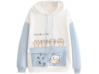 WUTYU Cartoon Cute Cat Graphic Cotton Hooded Sweatshirt for Teen Girls Long Sleeve Tops Blouse Blue XL - BO162TVOZ