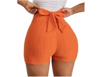 XIMIN Women's Athletic Shorts Solid Color High-Waisted Bow Tie Stretchy Leggings Yoga Shorts Butt Lift Sports Gym Shorts Orange XL - B43Z31AVT