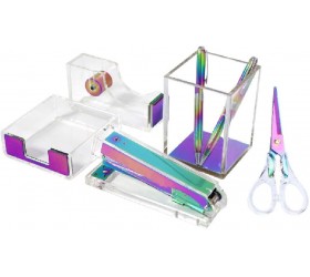 Clear Acrylic Rainbow Desktop Supplies Office Stationery Set Tape Dispenser Memo Holder Acrylic Clear Rainbow Scissors Stapler Pen Pencil Makeup Brushes Holder Set - BS0P2MPVV