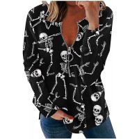 Halloween Skeleton Print Sweatshirt Half Zipper Long Sleeve Round Neck Autumn Blouse Fashion 2021 Plus Size Pullover Tee - BT4JWK2D4