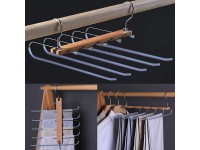 Foldable Space Saving Pants Hangers Stainless Steel & Wooden Trouser Rack Non-Slip 5 Layers Jeans Hanger for Closet Organizer Silver - B41T27T0C