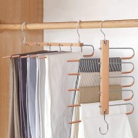 Magic Pants Hangers Space Saving Closet Hangers 5 Layers 2 Uses Multi Functional Pants Rack | Solid Metal & Wood Heavy Duty Wardrobe Organizer Racks for Clothes Trousers Scarves TiesOne Pack - B46WFYW91