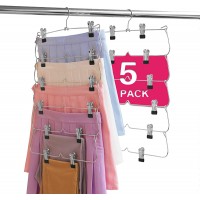 VASLIM Multi Layer Metal Skirt Hangers 6-Tier Pants Shorts Hangers Space Saving Non Slip with Adjustable Clips 5 Pack Hang Slack,Trouser,Jeans - BQHSSW7MS