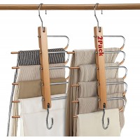 Wooden Pants Hangers Space Saving 2 Pack Pant Hangers Jeans Organizer for Clothes 5 Layered Multifunctional Pants Rack Hanger Pants Storage Non-Slip Hangers for Pants Clothing Sarf Tie Trouser - B0WQNE2BD