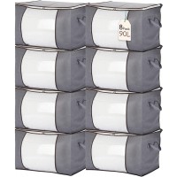 Isbasa 8 Pack 90L Large Capacity Clothes Storage Bags Foldable Storage Bags for Blanket Clothes Comforter Pillow with Clear Window Sturdy Zipper and Reinforced Thick Fabric Handle Grey - B1EWW4B5R