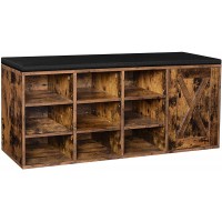 VASAGLE Shoe Bench Storage Bench with Cupboard and 9 Open Compartments Shoe Shelf Padded Seat Barn Door 43.3 x 11.8 x 18.9 Inches Rustic Brown ULHS058X01 - B29G31MJ3