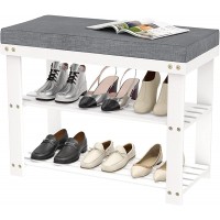 White Shoe Rack Bench for Entryway Bench with Shoe Storage Front Door Shoe Bench with Cushion Upholstered Padded Seat 3 Tier Bamboo Shoe Holder for Indoor Entrance Hallway Bedroom Living Room Garage - B2QCQ322V