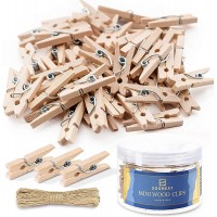 Mini Clothes Pins for Photo Clothespins Natural Wooden Clips 1 Inch 150 Pcs Tiny Crafts Picture Hanging Pin Small Close Pins with 32 FT Jute Twine String Little Baby Shower Game Decorative Pegs - BH2CY71MQ
