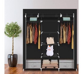 69 Portable Clothes Closet Non-Woven Fabric Wardrobe Double Rod Storage Organizer Black - BREO6SJ0H