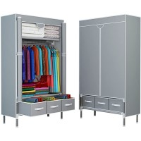 ASSICA Portable Clothes Closet Rolling Door Wardrobe with Hanging Rack Non-Woven Fabric Storage Organizer with Three Drawer Boxes No-Tool Assembly 35.4 x 17.7 x 67.0 ‘’ Gray - BBH34TW0D