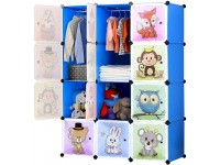BRIAN & DANY Portable Cartoon Clothes Closet DIY Modular Storage Organizer Sturdy and Safe Wardrobe for Children and Kids 8 Cubes&2 Hanging Sections 30% Deeper Than Standard Version Blue - B2WM8TDGZ