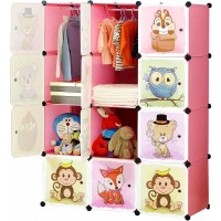 BRIAN & DANY Portable Cartoon Clothes Closet DIY Storage Organizer Sturdy and Safe Wardrobe for Children and Kids 8 Cubes&2 Hanging Sections 30% Deeper Than Standard Version Pink - BT311PKHS