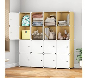 KOUSI Portable Wardrobe Closets 14x18 Depth Cube Storage Bedroom Armoire Storage Organizer with Doors 16 Cube Wood Color - B3513PKNA