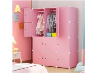 REN0124shuang Portable Closet Portable Closet Clothes Wardrobe Bedroom Wardrobe Cube Locker with Rod and Door Pink Wardrobe - B74IFCWSE