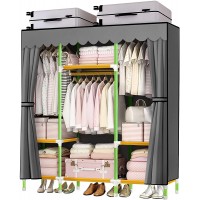 YOUUD 57 Inches Portable Closet Wardrobe Closet Clothes Organizer with 3 Storage Shelves and 3 Hanging Rods Cloth Closet of Colored Rods Grey Cover Quick and Easy to Assemble,Strong and Durable - BZJDNA8TH