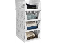Set of 4 Stackable Closet Wardrobe Storage Box Organizer Easy Open and Folding Plastic White Wardrobe Shelves Closet Organiser Box Pull Out Like a Drawer Suitable for Home Bedroom Kitchen - BPPJMOXOJ