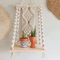 FYPARF Macrame Wall Hanging Shelf,Handmade Indoor Boho Rope Plant Pot Basket Hanger Holder,Floating Wood shelve Decorative for Wall Decor - BCF0Y9RZ1