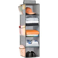 Hanging Closet Organizer 5 Shelves Cloth Hanging Organizer Foldable with 6 Side Pockets for Storage 39 H x 13 W x 13 D Grey - B8LQSNIAE