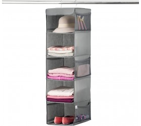 Zober 5 Shelf Hanging Closet Organizer Space Saver Roomy Breathable Hanging Shelves With 6 Side Accessories Pockets And 2 Sturdy Hooks For Clothes Storage And Shoes Etc. 12 x 11 ½ x 42 In Gray - B7DDJHTLY