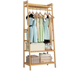 Bamboo Clothing Rack With 3-Tier Shelves And Hanging Bar Anti-falling Design Garment Closet With 2 Hooks For Cloth Coat Shoe Storage Organizer Shelf Use In Entry Ways Bedroom Living Room Apartment - BRQ7O110X